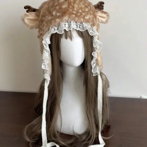 Cute Plush Lace Patchwork Antler Hat, Sweet Girl Winter Warm Ear Warmer, Stylish Daily Commute, Date, Outing, and Cold Weather Use, Leopard Vintage Hat, Fashion Hats, Fashionable hats