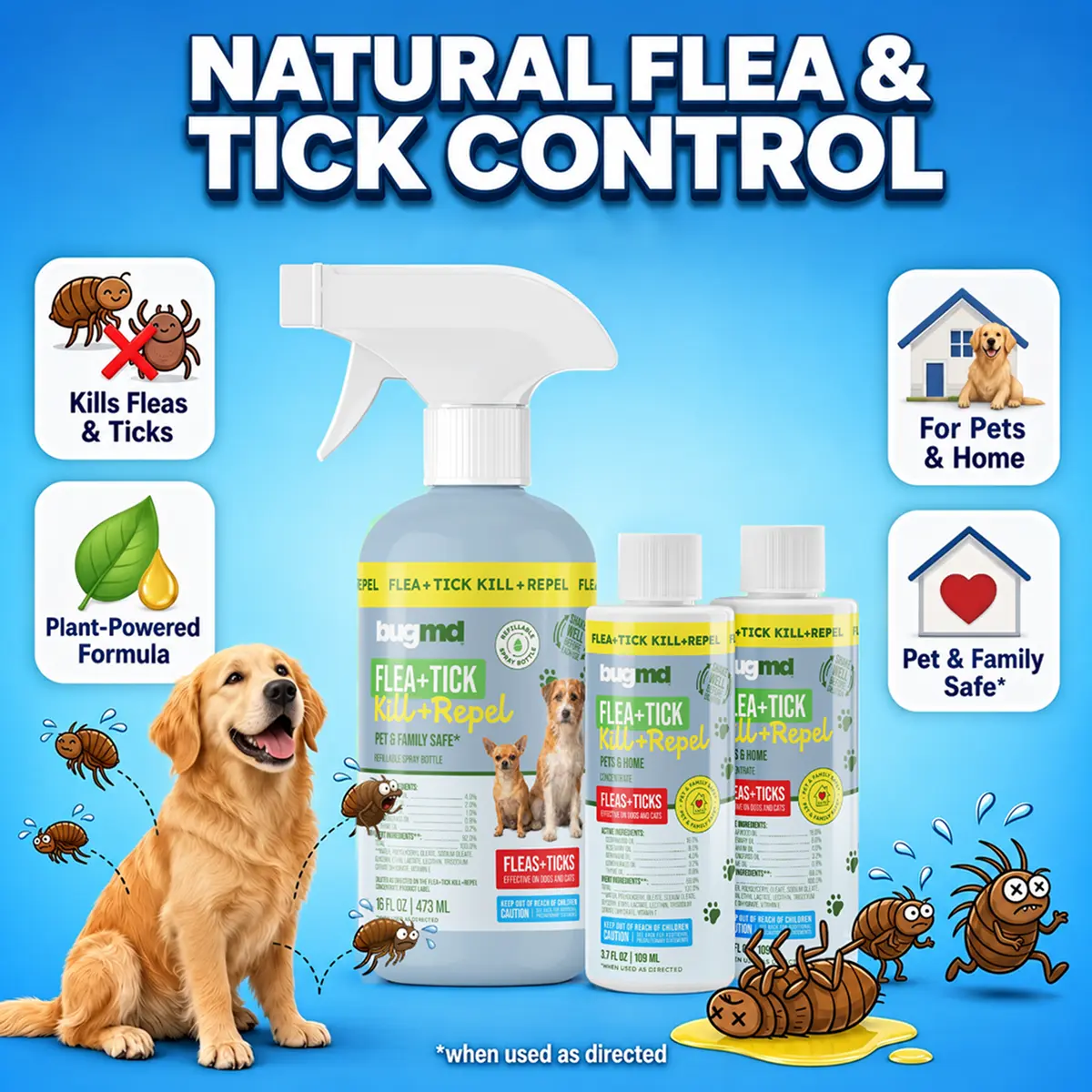 BugMD Flea and Tick Spray for Dogs and Cats – Kills & Repels on Contact – Plant-Powered Flea Treatment for Home, Furniture & Carpet | Makes 32 oz