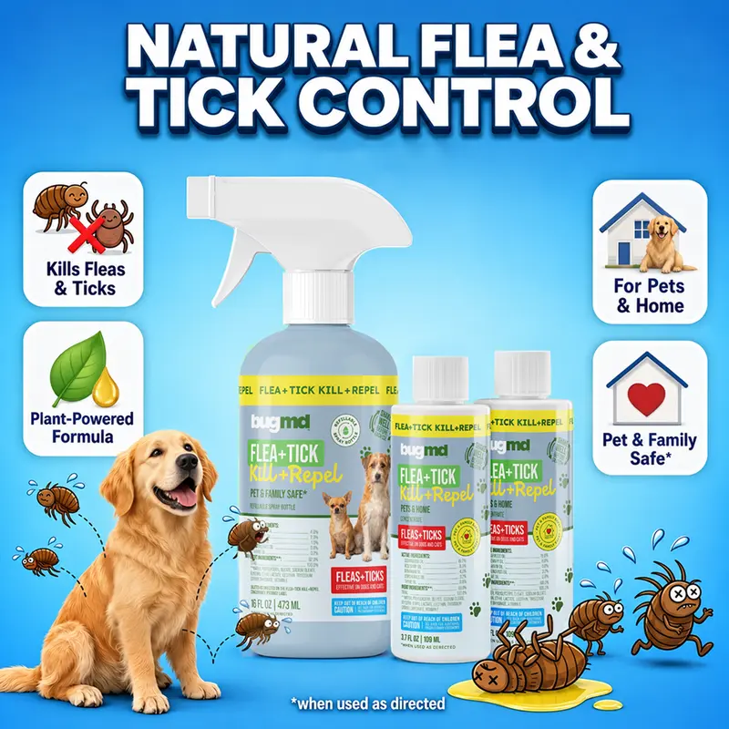 BugMD Flea and Tick Spray for Dogs and Cats – Kills & Repels on Contact – Plant-Powered Flea Treatment for Home, Furniture & Carpet | Makes 32 oz