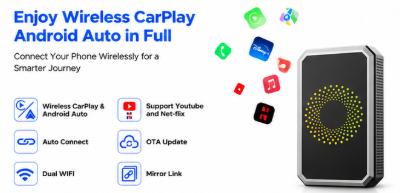3-in-1 Wireless Car Adapter StreamNetflix/YouTube/TikTok/Google Play,Fits Factory Wired CarPlayVehicles