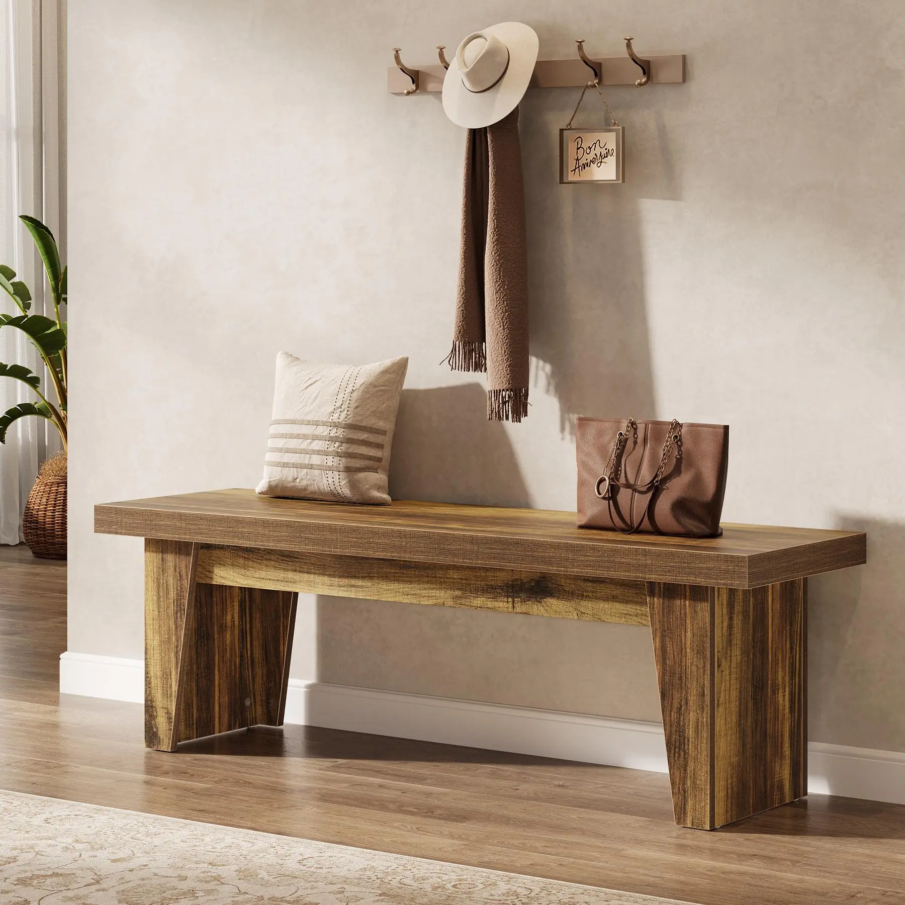 TRIBEWOOD 55" Rustic Wooden Farmhouse Entryway Bench - Versatile Utility Indoor Seat with Storage, Easy Assembly Required, 250 lb Capacity for Hallway, Living Room