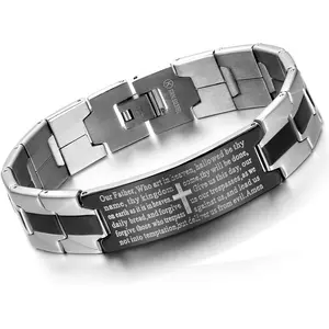 Men's  Stainless Steel Black Cross English  Lords Prayer Link Wrist Bracelet for Men