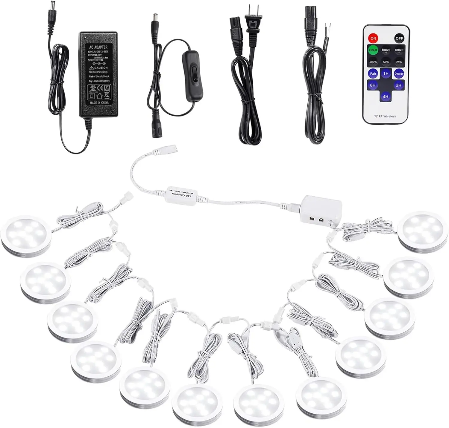 Linkable Under Cabinet LED Lighting – 12V Dimmable Puck Lights with Wireless RF Remote, Hardwired or Plug-in for Kitchen Mood Lighting (Daylight White, 12 Lights Kit)