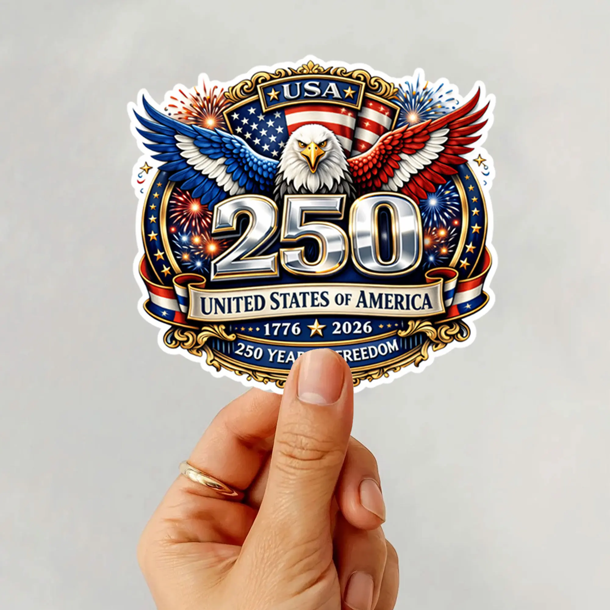 America 250 Eagle Fireworks Vinyl Sticker, USA Patriotic Anniversary Decal, Independence 1776–2026 Laptop Water Bottle Decor Sticker