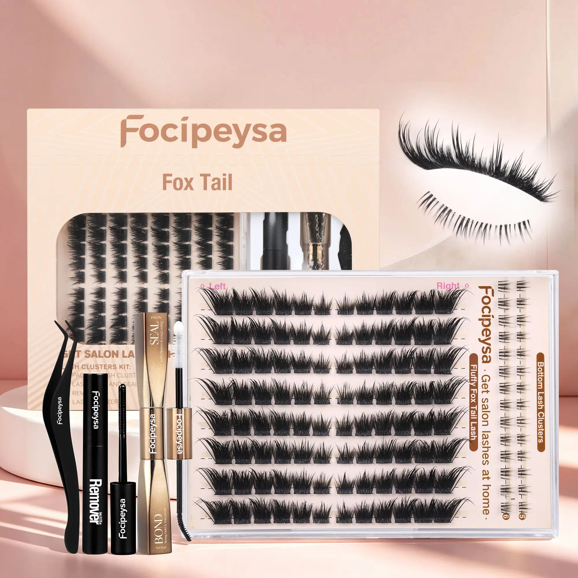 Focipeysa L Curl Foxtail Cluster Lashes Kit with Bond & Seal, 10-18mm 0.07mm Artificial Eyelash Pack for Siren Eyes, Lightweight Wispy Bundle Set False Eyelashes & Adhesives for Beginner DIY Daily Use