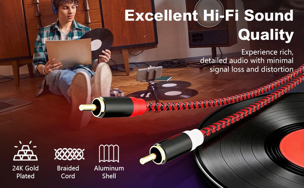 3FT RCA Audio Cable – Dual RCA Male to Male Hi-Fi Stereo Cord, Nylon Braided for Subwoofer, Speakers & Home Theater