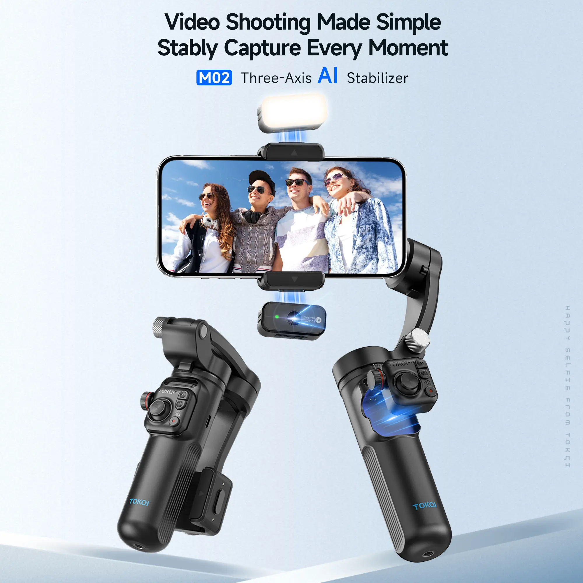TOKQI M02 Smartphone Gimbal Stabilizer for Vlogging, 3-Axis Phone Stabilizer with AI Face Tracking, Magnetic Fill Light, Remote Control and Foldable Tripod