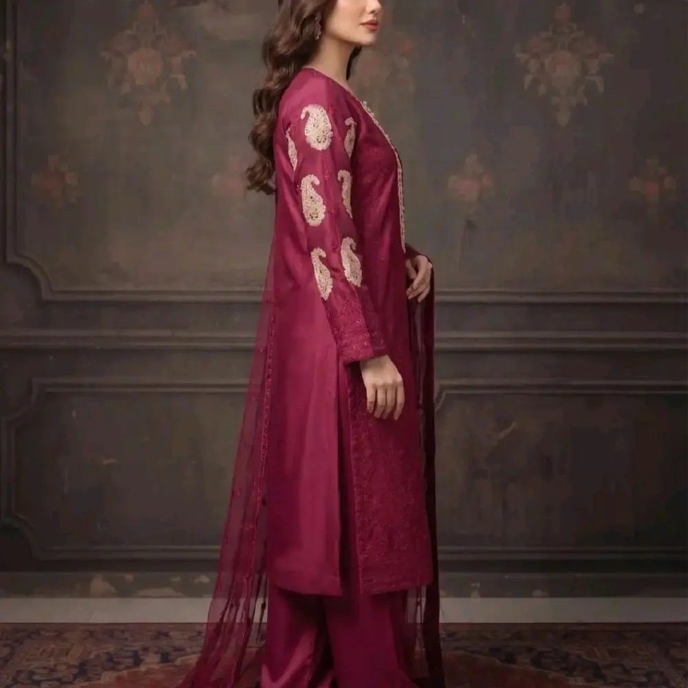 3pc stitched beautiful silk suit with embroidery work with chiffon dupatta for wedding and party wear