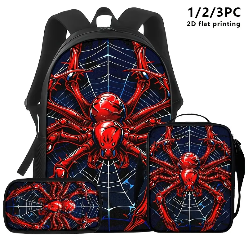 3pcs Dark Sci-Fi Spider Print Bag Set - Backpack, Crossbody/Shoulder Bag, Pouch with Built-in Organizer (17.3x11x5.1in, 7.48x3.14x9.84in) for Young Adults, Back to School Haul, Chic Commuting Essentials