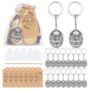 Baptism Favors Set Creative Angel Keychains Favor White Organza Bags with Tags for Christening Gifts Wedding Souvenirs Shower Party Supplies Memorial Gift