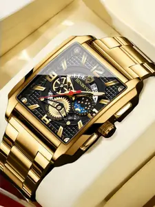 Luxury Men's Vintage Square Dial Luminous Waterproof Calendar Stainless Steel Strap Quartz Analog Watch, Multifunctional Sports Gift