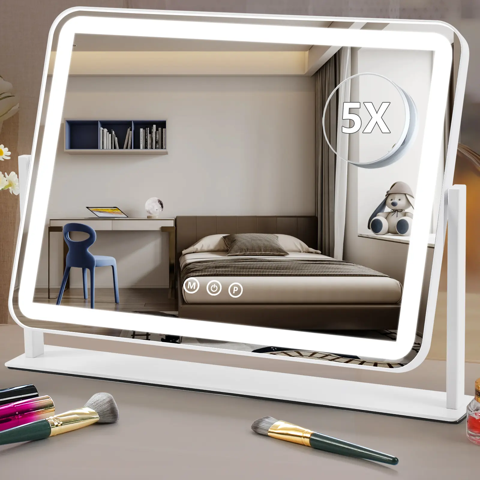 Horizontal light bar mirror, adjustable brightness table mirror with 3 colours of light,  make-up mirror with 5x magnifying glass