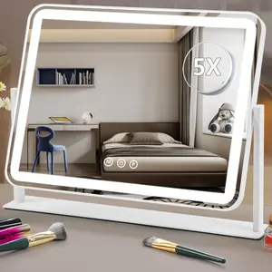 Horizontal light bar mirror, adjustable brightness table mirror with 3 colours of light,  make-up mirror with 5x magnifying glass
