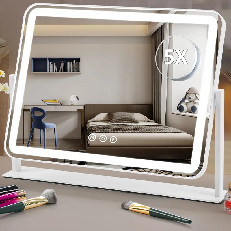 LED Lighted Vanity Makeup Mirror with Horizontal Light Bar, Dimmable White/Natural/Warm Colors, Adjustable Brightness Tabletop Mirror, 5x Illuminated Magnifying Glass, High-Definition Clarity, Adjustable for Home & Room Decor, Ideal Holidays Gift