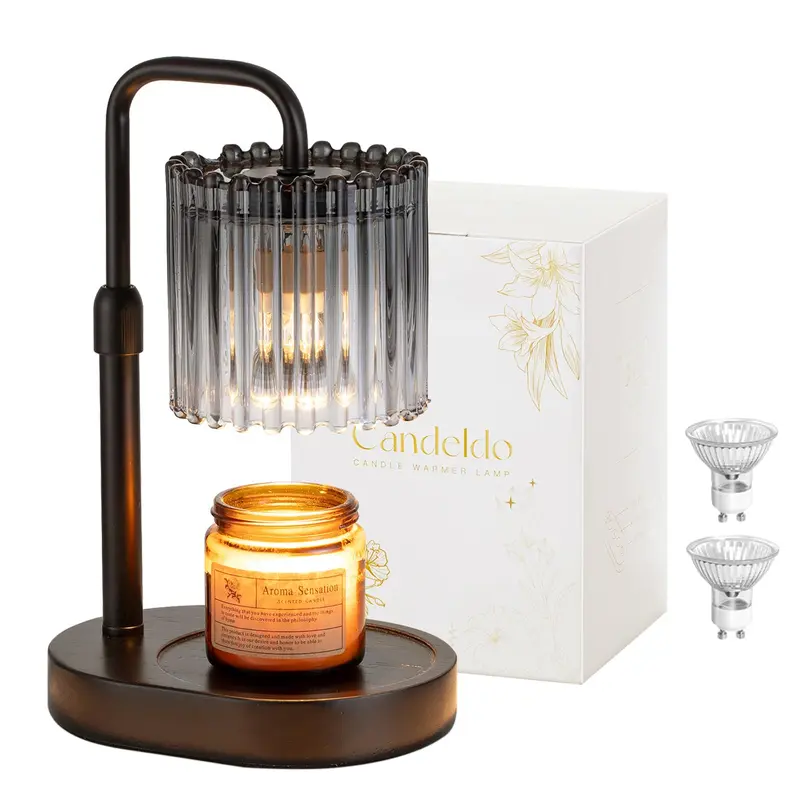 CANDELDO Wood & Glass Crystal Stripe Candle Warmer Lamp with Timer - Height-Adjustable, Dimmable, 2 Bulbs, Candle Burner, Wax Melting Stand, Mood Lighting for Modern Bedroom, Room Decor, House Decor, Chill Room & Apartment Accessories
