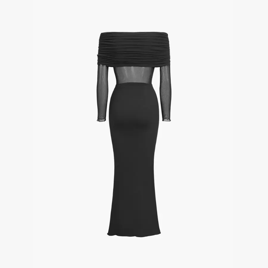 overfold off shoulder mesh long sleeve long dress Overfold Off-Shoulder Mesh Long Sleeve Long Dress