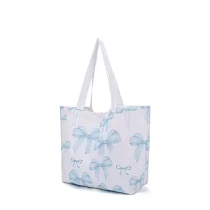 New Large Capacity Powder Blue Tote Bag with Bowknot Ladies High Sense Commuter Canvas Shoulder Bag