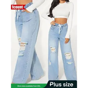 �� Plus Size�� Ripped Drawstring Waist Wide Leg Jeans, Casual Baggy Pocket Design Jeans for Daily Wear, Women's Denim Bottoms for All Seasons, Streetwear, Womenswear
