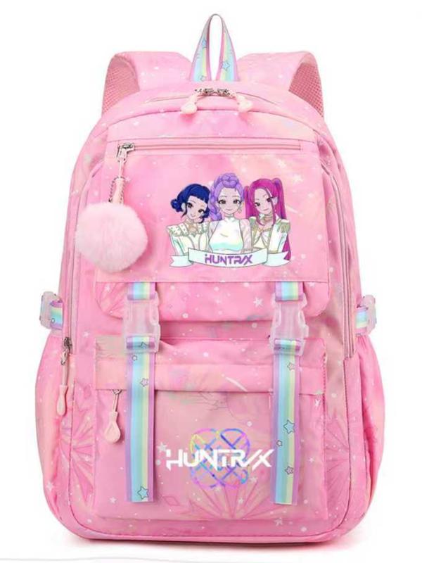 Cute Kpop Hunter Girl Group Cartoon Backpack, Trendy Backpack, Adorable Jk Plaid Sweet Student Bag, Anime Style with Fur Ball, All Seasons, Cute Versatile Backpack