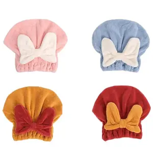 Shower Hat Dry Hair Hat Women Thickened Super Absorbent Quick Drying Cute Bow Coral Velvet Dry Hair Towel Headsweat Red
