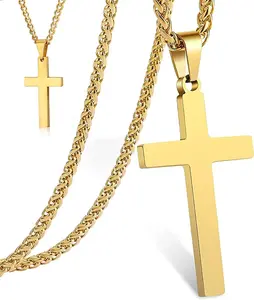 Fashion Cross Pendant Necklace Plated Stainless Steel Simple Big Cross Pendant Necklaces Large Dainty Christian Cross Necklace for Men & Women
