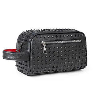 Fashion Rivet Design Men's PU Leather Clutch Bag High-Quality Cyberpunk Style Money Purse with Waist Strap for Men Makeup Bag Accessory Convenient Wallet
