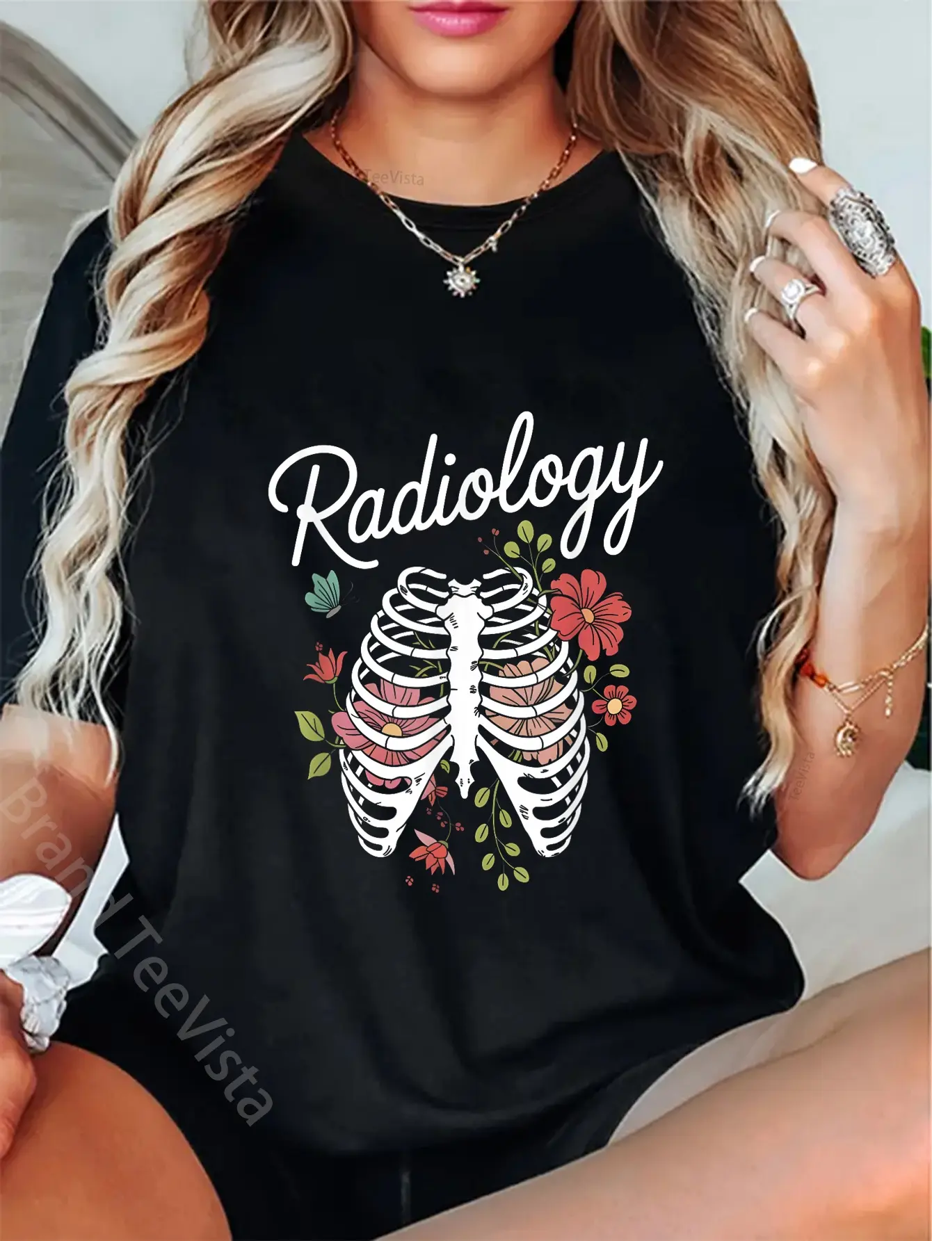 Women's 100% Cotton Short-Sleeve Graphic T-Shirt - Casual Everyday Lady Top for Radiology, Rad Tech, CT X-Ray Professionals with Floral Ribcage Design, Shortsleeve, Round Neck, Tshirt, Vintage