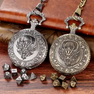 Vintage Dragon Head Design Pocket Watch with Chain & Dice, Vintage Fashion Watch, 1 Count Retro Role Playing Game Accessories, DND Beginner Accessories