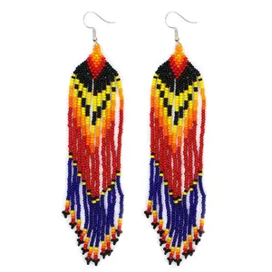 Handmade beaded Red Blue Long Hook earrings