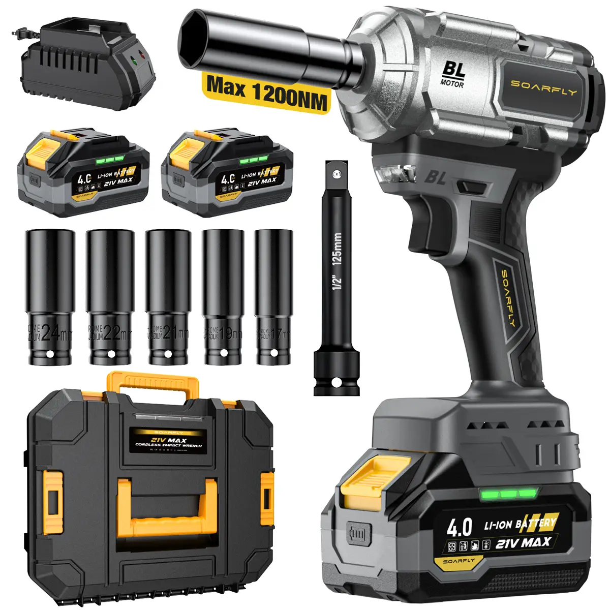 SOARFLY 1200NM (900FT-LBS) Cordless lmpact Wrench, For Automobiles, Trucks, 2x 4.0Ah Batteries, Fast Charger, 3000RPM, 5 Sockets & 1 Extension Bar Hig