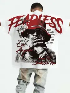 Men's Spring Summer Fashion Casual T-Shirt, Fearless Street Trendy Graphic Print, Loose-Fitting Long Tee, La Urban Hip-Hop Style