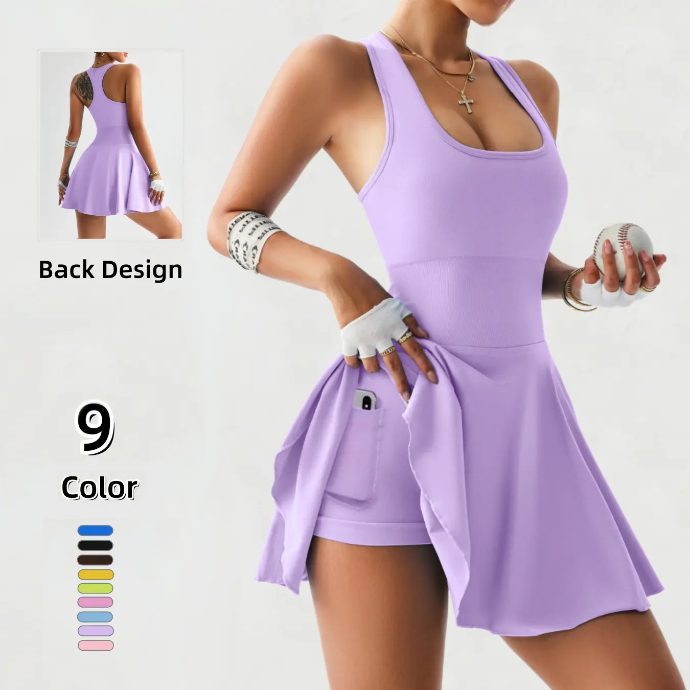 Betto Women's Solid Color High Elasticity Sports Dress With Pocket & Detachable Chest Pad | For Fitness, Tennis & Daily Wear，Spring/Summer Essential ,Tennis Skirt,Badminton Skirt
