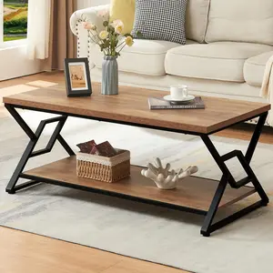 Coffee Table, Rustic Rectangle Coffee Table with 2-Tier Storage, Engineered  Center Table with Open Shelves, Minimalist Coffee Table for Living Room,  Inch, Oak Brown
