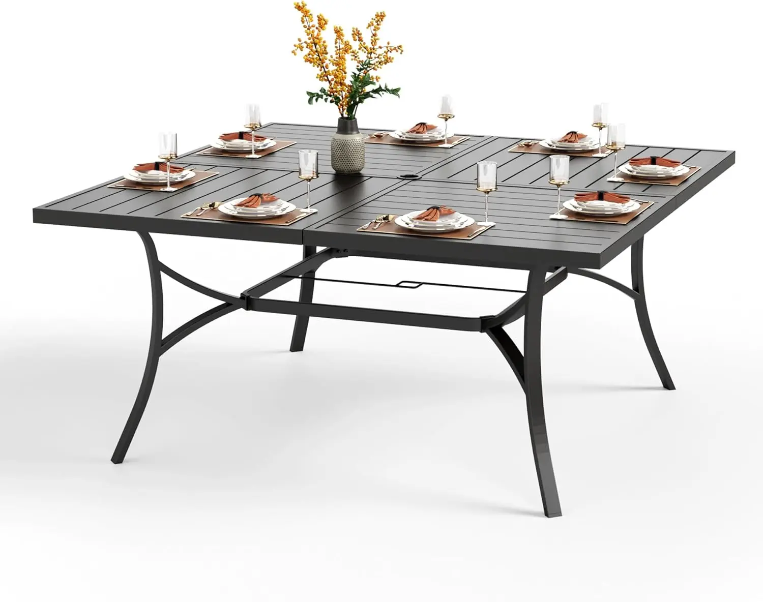 PHIVILLA Large Outdoor Square Dining Table for 8, 60" Metal Steel Slat Table with Umbrella Hole, Weather-Resistant Dining Fruniture for Patio, Deck, Backyard, Porch - Black