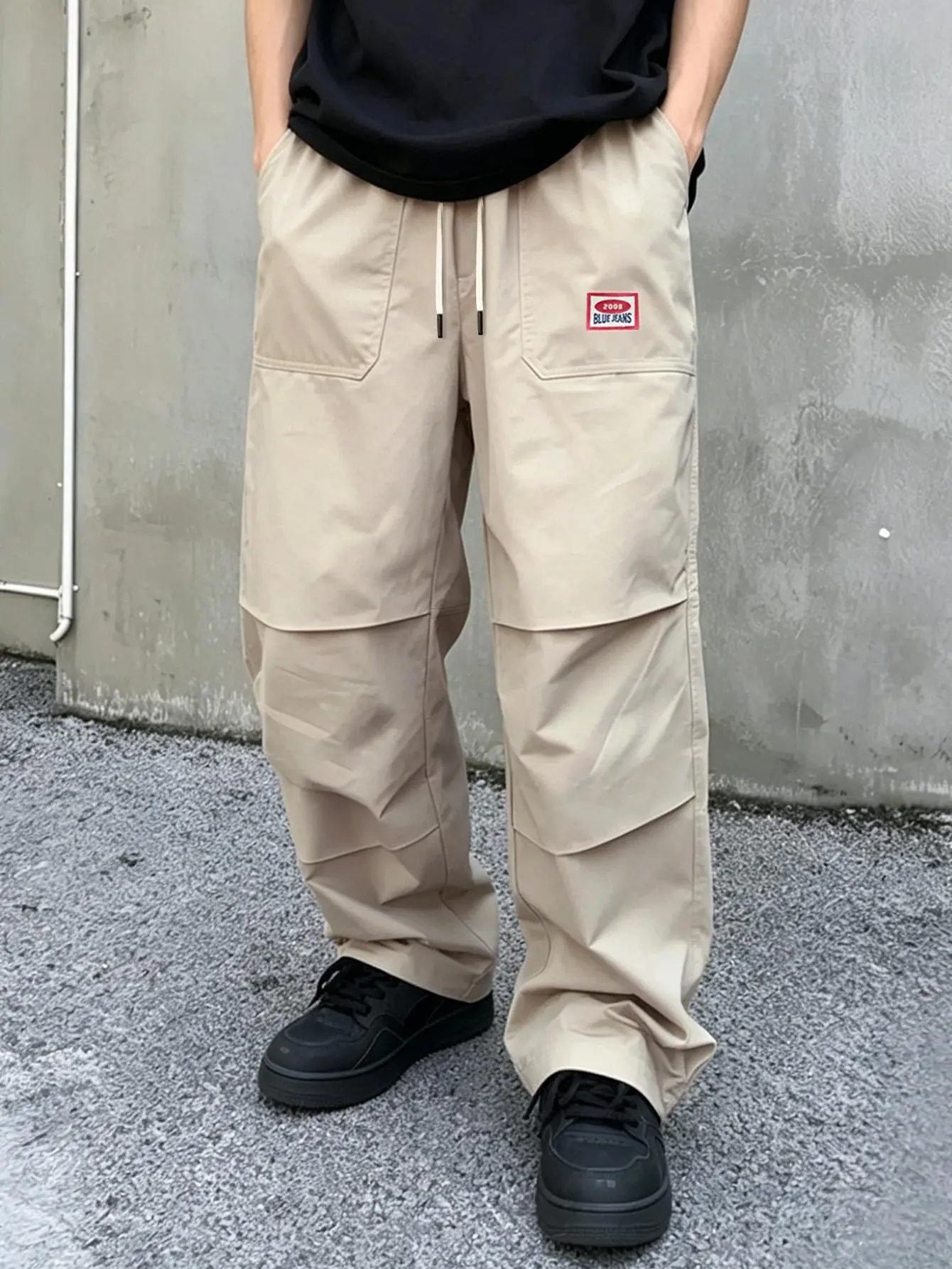 Men’s Japanese retro patchwork cargo pants with label, elastic drawstring, loose straight-leg casual paratrooper long pants