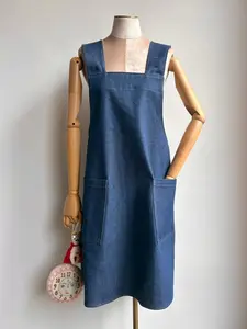 Classic Denim w/ Gold Stitching Pinafore Apron w/ Patch Pockets