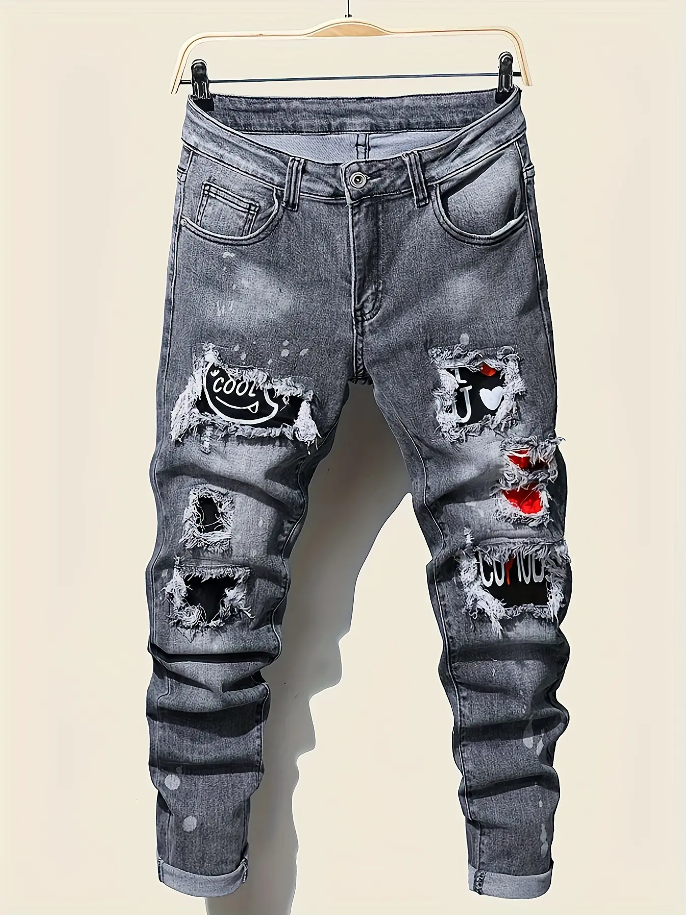 Men's Streetwear Splashed Ink Jeans - Slim Fit Ripped Denim with Pleated Patches, All-Season Casual Punk Style, Menswear, Pants, Male Clothing, Men's Pants