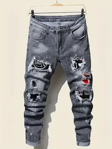 Men's splashed ink paint cloth casual slim fit pleated jeans, men's multifunctional street style denim pants, suitable for all seasons