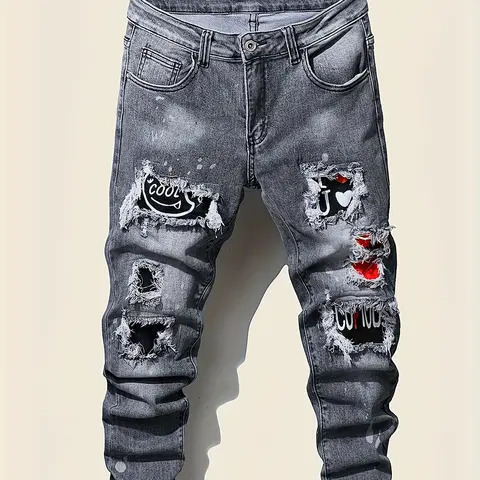 Men's Mid-Waist Skinny Denim Jeans - Menswear Streetwear Clothing, Funky Ankle-Length Jeans with Splashed Ink Print, Pleats, Punk Patches, Perforated Holes, Rips, Pockets, 90s Look, Machine Washable, All Seasons Casual Pants for Punk Events & Filming