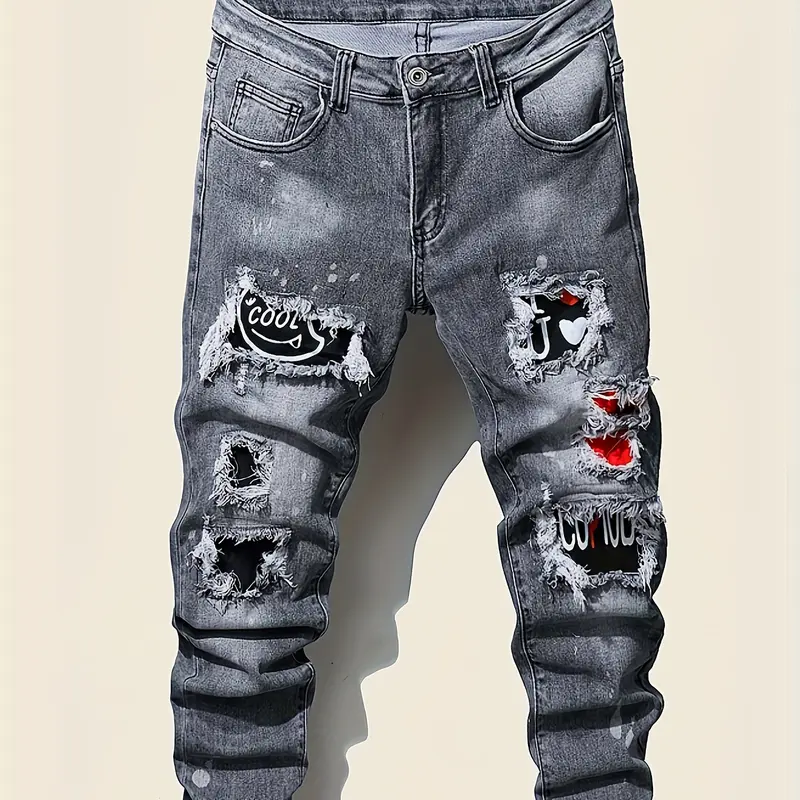 Men's Mid-Waist Skinny Denim Jeans - Menswear Streetwear Clothing, Funky Ankle-Length Jeans with Splashed Ink Print, Pleats, Punk Patches, Perforated Holes, Rips, Pockets, 90s Look, Machine Washable, All Seasons Casual Pants for Punk Events & Filming