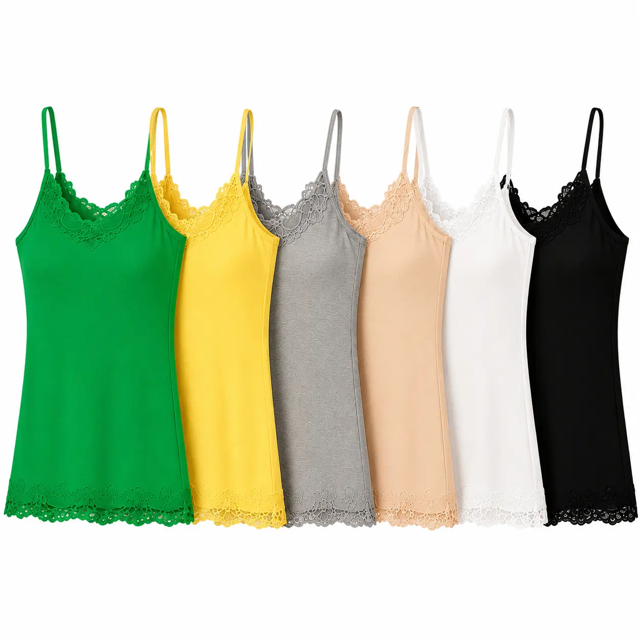 【6 Pack】Womens Lace Trim Camisole Tank Tops, Spaghetti Strap Cami Undershirts, Non Padded Basic Layering Tanks, Soft Breathable Stretch Sleeveless Shirts, Summer Slim Fit Undershirt for Women, No Adjustable Straps, Multi Color Value Pack for Daily Wear