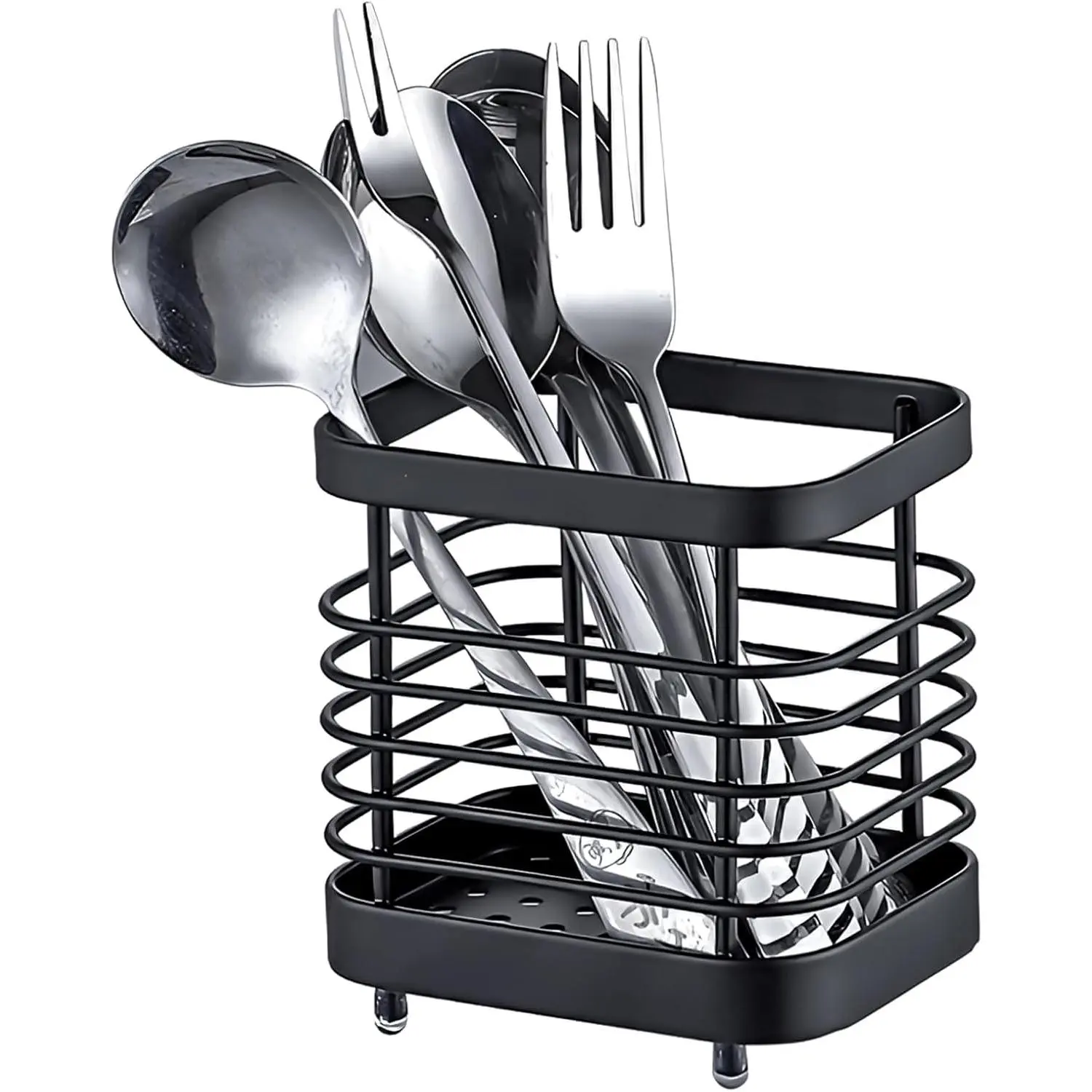 Kitchen Sink Utensil Holder of Drying Rack, Small Stainless Steel Cutlery Drainer ,Spoon and fork organizer (Black)