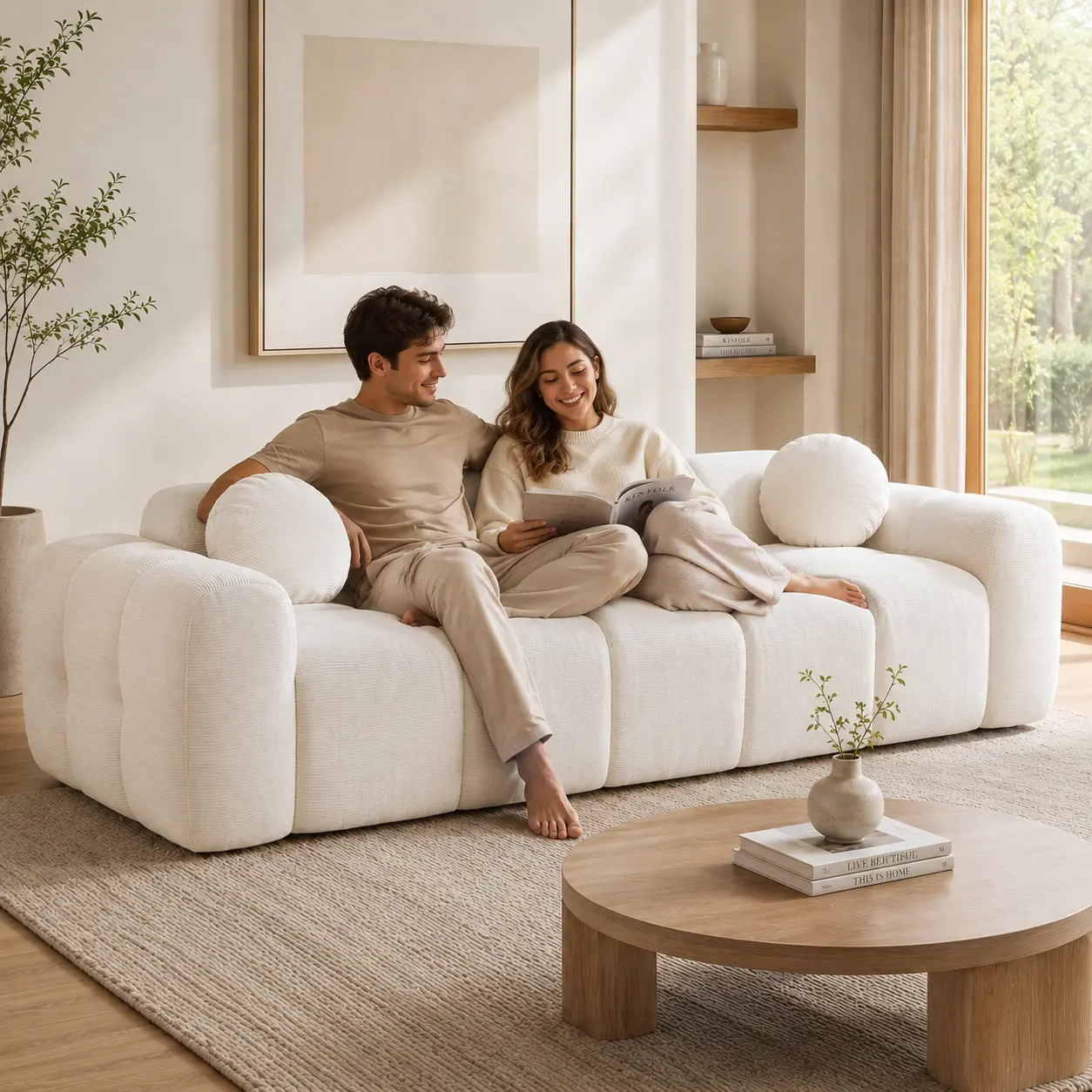 Ultra-Deep Corduroy Sectional Couch – 98” Wide, Cloud-Soft Fabric, Expands to Full Size in 2 Days
