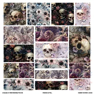 Gothic Skulls 1 Patchwork Element Sheet – Floral Skulls & Dark Vintage Roses – Pre-Cut Printed Vinyl (10x10 or 12x12)