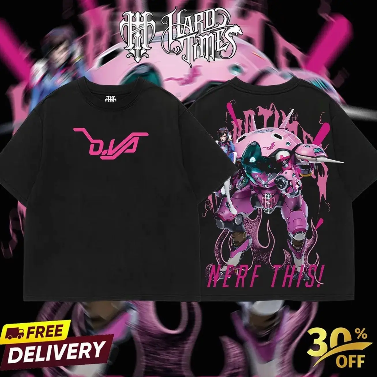 HardTimesClothing - D.va Overwatch, Blizzard Collection Game Oversized Washed Tee Acid Washed Lightweight TSHIRT, Gift for him her Clothes Cotton KVO