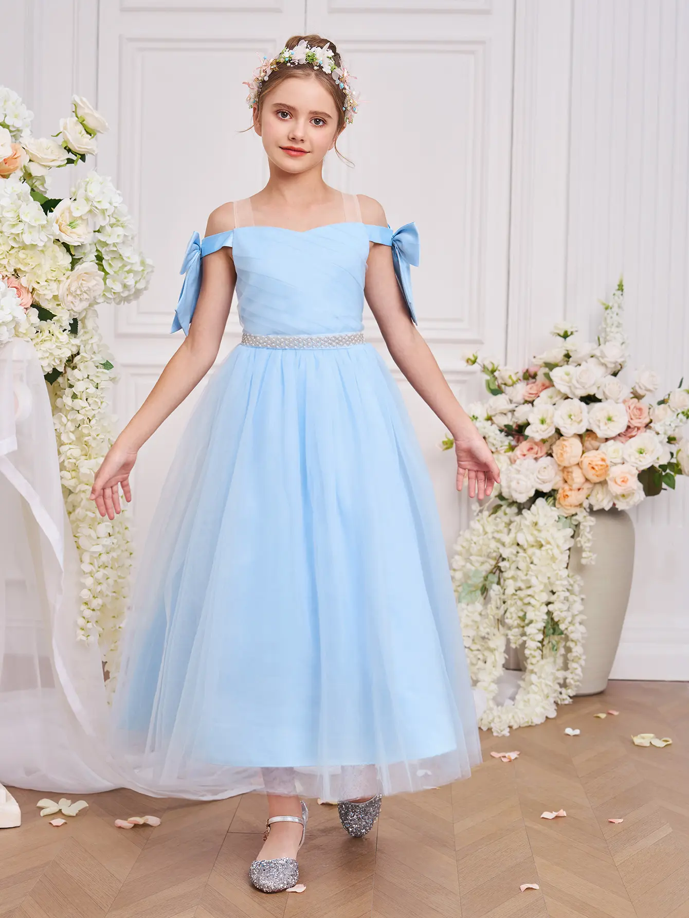 0069 Tween Girls Elegant Open Shoulder Wedding Party Formal Dress Bow Design Princess Birthday Gown For Pageant Graduation Bridesmaid Prom With Tulle Skirt
