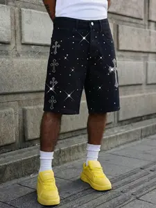 Men's Summer Rhinestone Cross Denim Shorts, Loose-Fit Mid-Waist Drawstring Jeans, Fashion Pockets, Streetwear Festival Party Pants