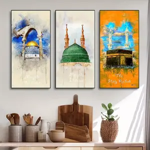3 Islamic-themed wall art pieces, frameless, including Al-Aqsa Mosque, Medina Mosque, and Mecca Mosque - Modern Bohemian Style Home Decor