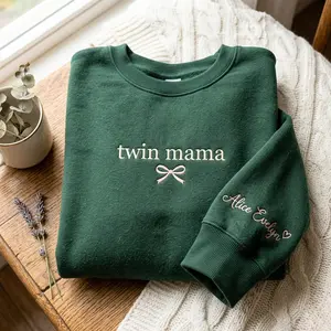 [SALE 50%] Personalized Twin Mama embroidered sweatshirt, gift for mother of twins, personalized name pouch