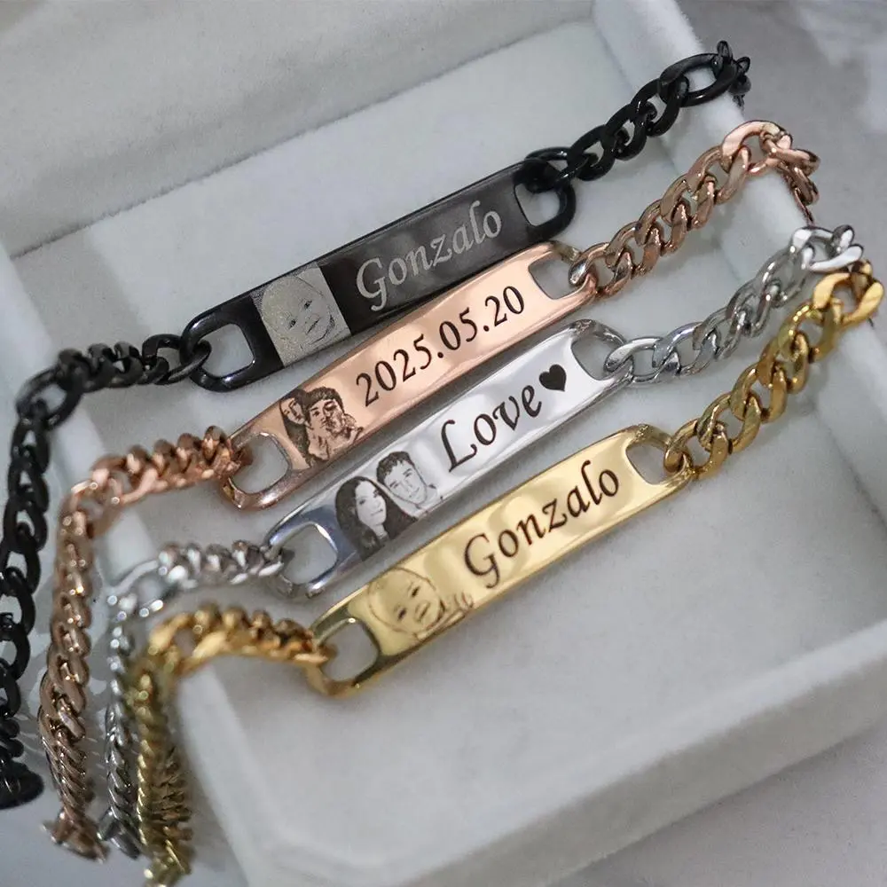 Customized Engraved Po Name Bracelet Personalized Laser Engraved Picture Text On Stainless Steel Chain Jewelry Couples Gifts